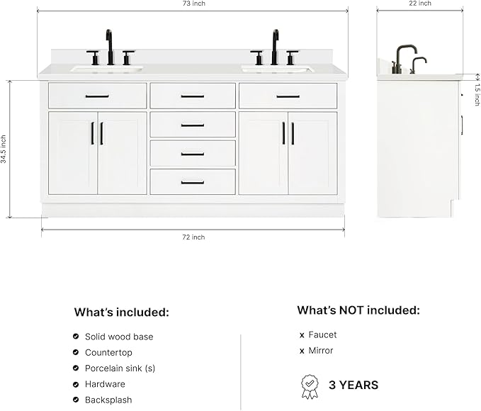 DKB Isabella 72 Inch Bathroom Vanity Double Sink — White Bathroom Vanity with Sink, 1.5" Edge Pure White Quartz Countertop, 4 Soft-Close Doors, 4 Dovetail Drawers, and 2 Tilt Drawers