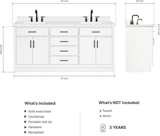 DKB Isabella 72 Inch Bathroom Vanity Double Sink — White Bathroom Vanity with Sink, 1.5" Edge Pure White Quartz Countertop, 4 Soft-Close Doors, 4 Dovetail Drawers, and 2 Tilt Drawers
