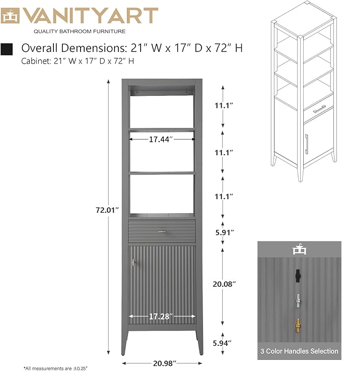 Vanity Art Vanity with Storage Cabinet & Shelves, Free-Standing Vanity with Soft-Closing Doors, Cashmere Gray, Golden Brushed Handware VA91-LC-G-GB