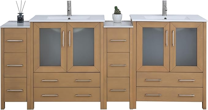 Vanity Art 84 Inch Under Mount Double Sink Bathroom Vanity Cabinet with 2 Mirrors, Ceramic Top Bathroom Cabinet Compact Set with 10 Dovetail Storage Drawers and Brushed Nickel Handles, VA3030-84-NO