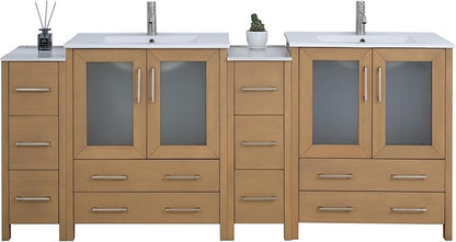 Vanity Art 84 Inch Under Mount Double Sink Bathroom Vanity Cabinet with 2 Mirrors, Ceramic Top Bathroom Cabinet Compact Set with 10 Dovetail Storage Drawers and Brushed Nickel Handles, VA3030-84-NO