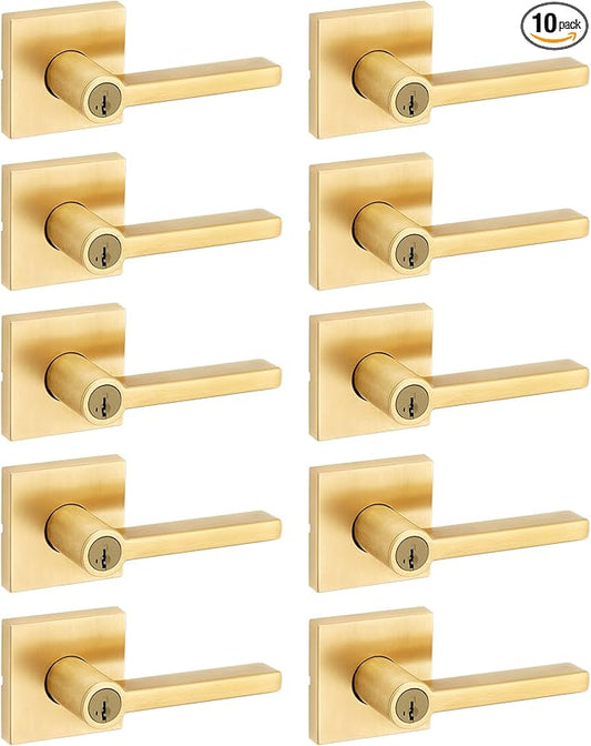 Kwikset Halifax Entry Door Handle with Lock and Key, Secure Keyed Reversible Lever Exterior, for Front Entrance and Bedrooms, Satin Brass, 10 Pack, Pick Resistant SmartKey Rekey Security
