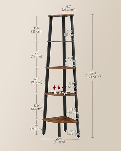 VASAGLE Corner Shelf Stand, 5-Tier Corner Bookshelf, Industrial Ladder Shelf, Plant Stand for Living Room, Office, Kitchen, Rustic Brown and Black ULLS35X
