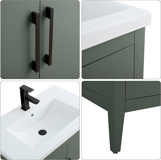 HomeBeyond 30 Inch Bathroom Vanity with Sink & Ceramic Top, Single Vanity Cabinet with Basin, Soft-Closing Doors & Matte Black Hardware, Vintage Green