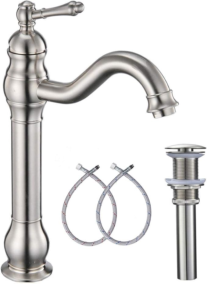 GGStudy 360° Swivel Single Handle One Hole Bathroom Vessel Sink Faucet Matching Pop Up Drain Without Overflow Brushed Nickel