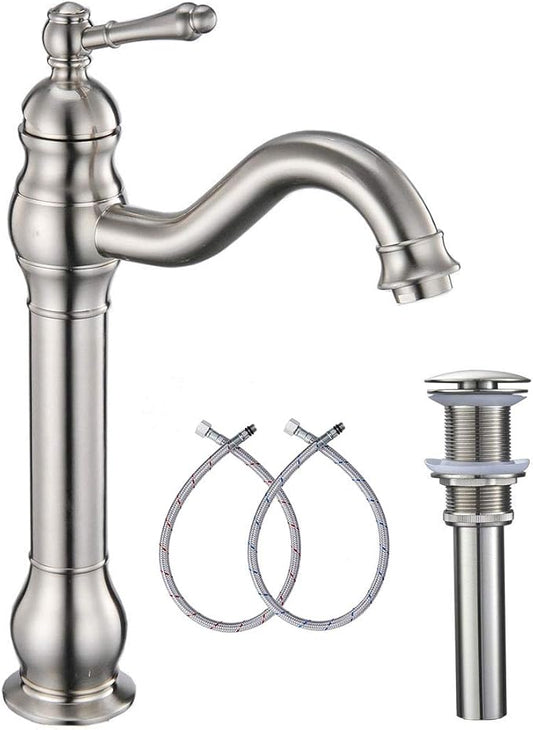 GGStudy 360° Swivel Single Handle One Hole Bathroom Vessel Sink Faucet Matching Pop Up Drain Without Overflow Brushed Nickel