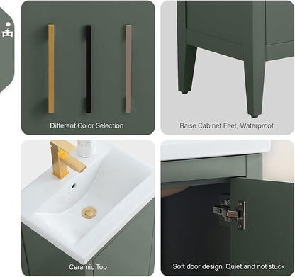 Vanity Art 24 inch Bathroom Vanity with Single Sink & Ceramic Top, Vanity Cabinet with Soft-Closing Doors, Solid Wood Frame, Vintage Green,VA9024-VG-MB1