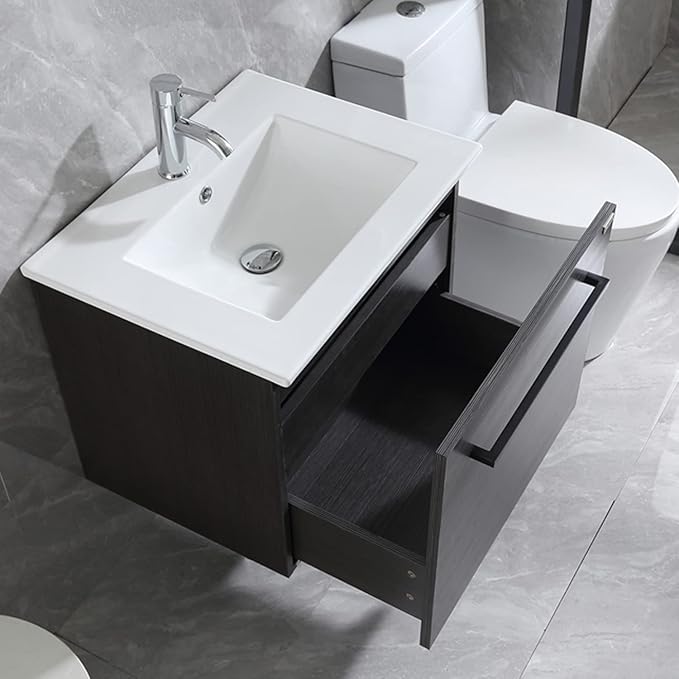 walsport Floating Bathroom Vanity with Sink & Mirror & Faucet & Countertop Set Small Wall Mounted Bathroom Single Sink Cabinet with Double Storage Drawers Modern (Black)