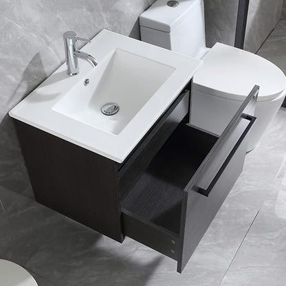 walsport Floating Bathroom Vanity with Sink & Mirror & Faucet & Countertop Set Small Wall Mounted Bathroom Single Sink Cabinet with Double Storage Drawers Modern (Black)