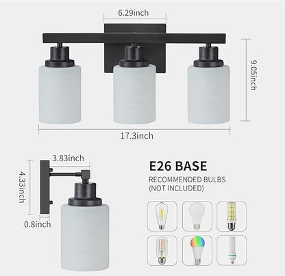 3-Light Bathroom Light Fixtures Over Mirror, Modern Matte Black Vanity Lights with White Frosted Glass Shade, Bathroom Wall Lamp Sconces for Mirror Bedroom, Living Room Hallway