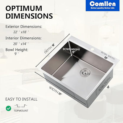 Comllen 22x18 Inch Drop in Kitchen Sink,16 Gauge Topmount RV Small Kitchen Bar Sinks,Stainless Steel Outdoor Prep Single Bowl Workstation Wet Bar Sink