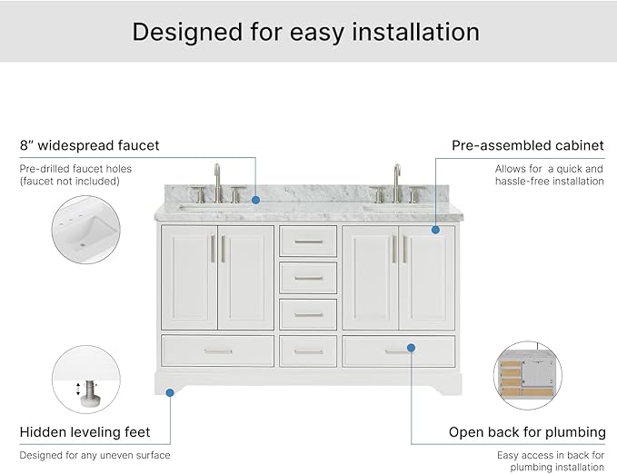 ARIEL Stafford 60-inch Bathroom Vanity with Sink,Solid Wood, 1.5-inch Italian Carrara Marble Countertop, Double Rectangular Porcelain Sink, 4 Soft Closing Doors, 6 Dovetail Drawers, White