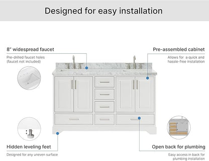 ARIEL Stafford 60-inch Bathroom Vanity with Sink,Solid Wood, 1.5-inch Italian Carrara Marble Countertop, Double Rectangular Porcelain Sink, 4 Soft Closing Doors, 6 Dovetail Drawers, White