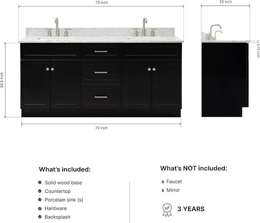 ARIEL Hamlet 72-inch Bathroom Vanity with Sink,Solid Wood, 0.75-inch Italian Carrara Marble Countertop & Backsplash, Double Oval Sink, 4 Soft Closing Doors, 3 Dovetail Drawers, Black