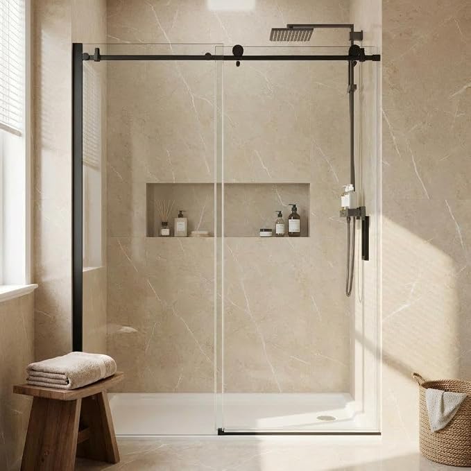 44-48" W x 76" H Frameless Single Sliding Shower Door, 5/16" (8mm) Tempered Glass with Fixed Panel, Stainless Steel Round Rail, Matte Black Bypass Bathroom Door