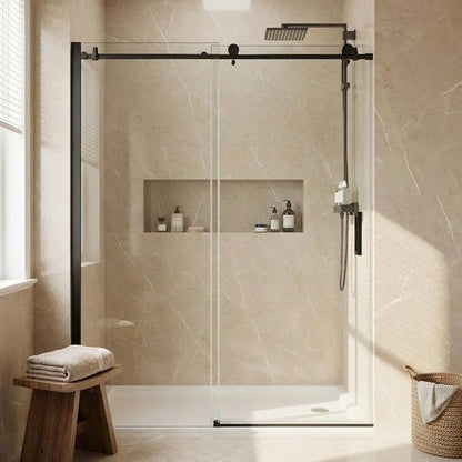 44-48" W x 76" H Frameless Single Sliding Shower Door, 5/16" (8mm) Tempered Glass with Fixed Panel, Stainless Steel Round Rail, Matte Black Bypass Bathroom Door