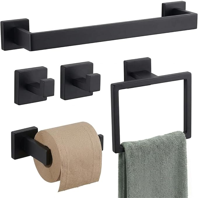 Matte Black Bathroom Hardware Set, 5-Piece Premium SUS304 Stainless Steel Bath Accessories, 23.6 Inch Black Towel Bar Rack, Heavy Duty Square Fixtures for Modern Home