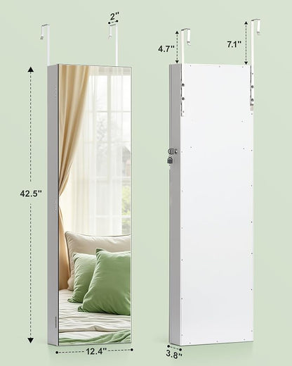 Nicetree Hanging Jewelry Cabinet, Jewelry Organizers and Storage, White | Lockable Jewelry Armoire Organizer, Over the Door Mirror with Jewelry Storage, Full Length, Gift Idea, Easy Assembly
