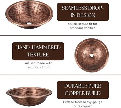 Monarch Abode Bathroom Sink – 16-Inch Rotunda Dual Mount Undermount or Drop In Bathroom Sinks, Bathrooms Hand Hammered Pure Copper Vanity Sink for Countertop, Powder Room, Bath, or Restroom