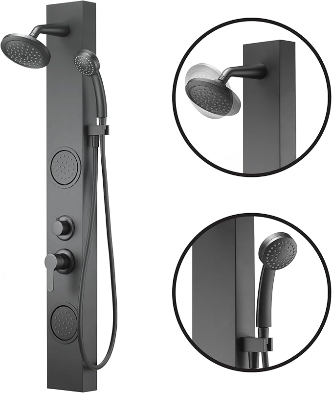 Dura Faucet (DF-SA914-MB) Premium RV Shower Panel Column – Matte Black, 4 Spray Options with Adjustable Body Sprayers, Overhead Shower & Handheld Wand – Water-Saving, Easy Install RV Shower System