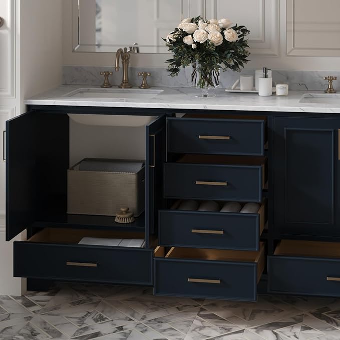 ARIEL Stafford 72-inch Bathroom Vanity with Sink,Solid Wood, 0.75-inch Italian Carrara Marble Countertop, Double Rectangular Porcelain Sink, 4 Soft Closing Doors, 6 Dovetail Drawers, Midnight Blue