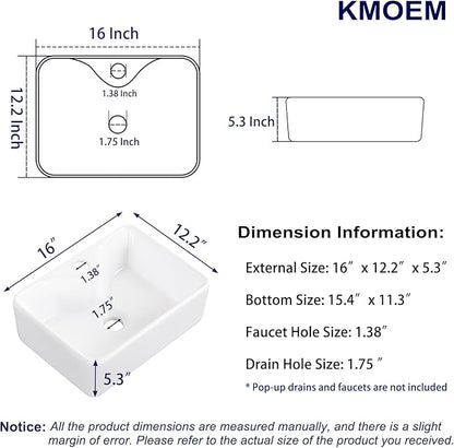 Vessel Sink 16"x12" Rectangular Bathroom Sink Modern White Porcelain Ceramic Above Counter Drop-in Vanity Sink for Bathrooms Art Basin with Faucet Hole