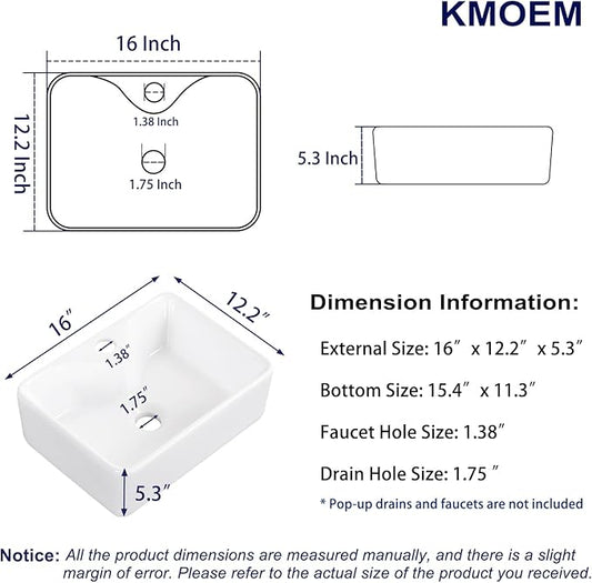 Vessel Sink 16"x12" Rectangular Bathroom Sink Modern White Porcelain Ceramic Above Counter Drop-in Vanity Sink for Bathrooms Art Basin with Faucet Hole