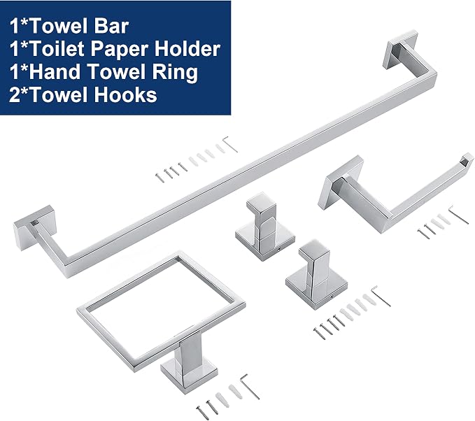 5 Pieces Bathroom Hardware Accessories Set Polished Chrome, 24Inch Bathroom Towel Rack Set SUS304 Stainless Steel, Square Bath Towel bar Set Wall Mounted, Heavy Duty
