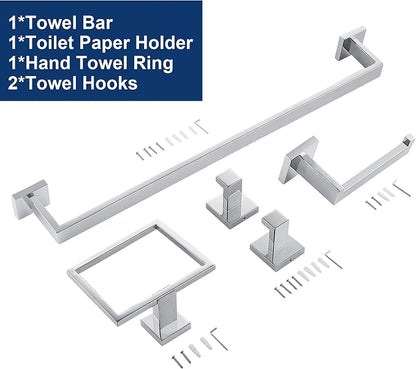 5 Pieces Bathroom Hardware Accessories Set Polished Chrome, 24Inch Bathroom Towel Rack Set SUS304 Stainless Steel, Square Bath Towel bar Set Wall Mounted, Heavy Duty