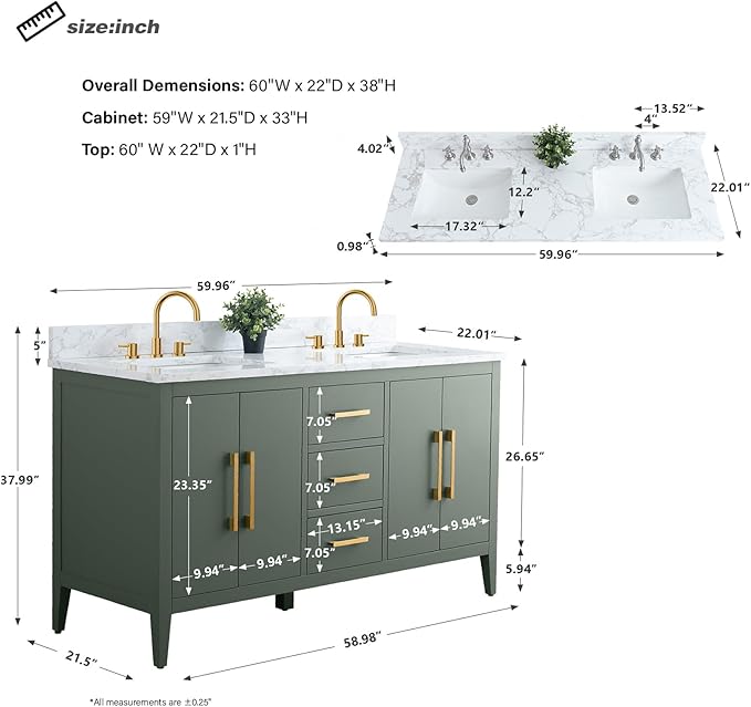 HomeBeyond 60 Inch Bathroom Vanity with Sink & Ceramic Top, Double Vanity Cabinet with Basin, Soft-Closing Doors & Matte Black Hardware, Vintage Green