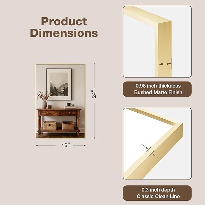 MZON 16" x 24" Brushed Gold Bathroom Vanity Mirror, Mirror for Over Sink | Aluminum Alloy Frame, Clear Reflection, Rust-Resistant, Vertical or Horizontal, Wall Mount, Bedroom and Entryway