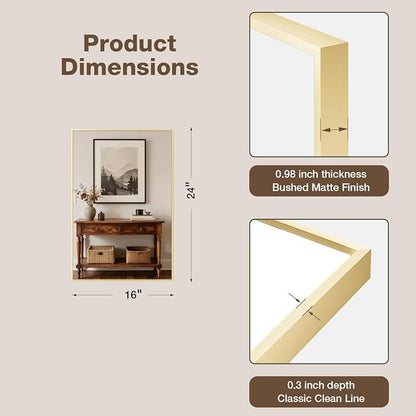 MZON 16" x 24" Brushed Gold Bathroom Vanity Mirror, Mirror for Over Sink | Aluminum Alloy Frame, Clear Reflection, Rust-Resistant, Vertical or Horizontal, Wall Mount, Bedroom and Entryway
