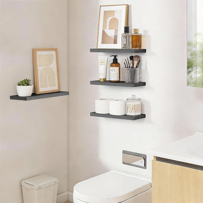 BAYKA Grey Floating Shelves 15.7in, Set of 3, Wall Mounted for Wall Decor | Easy Install, 22lbs Max Load, Hidden Bracket, Shelving for Bathroom Bedroom Kitchen Display Storage, Multi-Wall Compatible