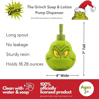 Dr. Seuss The Grinch Holiday Christmas Soap/Lotion/Hand Sanitizer Resin Pump Dispenser, 18.28 Ounces, (Officially Licensed Product) by Franco Collectibles