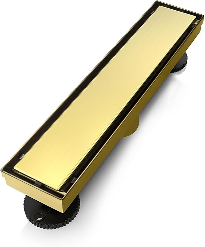 SaniteModar Linear Shower Drain 12 inch Brushed Gold with Tile Insert Panel | AISI 304 Stainless Steel Brushed Gold Linear Dain Rectangle Shower Floor Drain with Hair Strainer and Leveling Feet