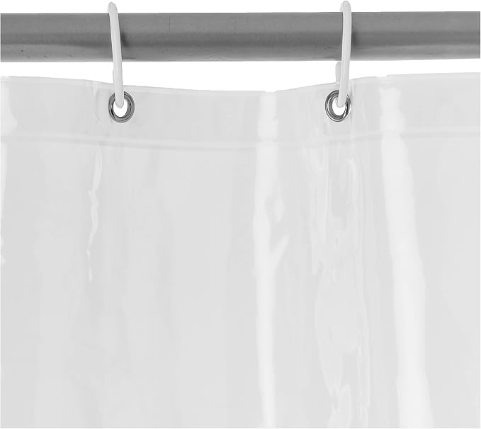 Amazon Basics Water Resistant 8-Gauge PEVA Shower Curtain Liner with Rust-Proof Metal Grommets and Plastic Hooks, 72"L x 72"W, Clear