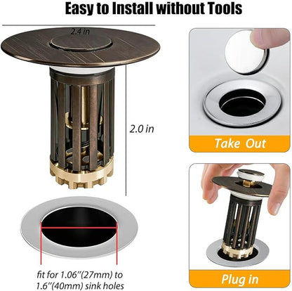 Anlige 3 in 1 Pop Up Bathroom Sink Stopper, Bathroom Sink Drain Strainer, with Removable Basket Hair Catcher, Universal Sink Plug Cover for 1.06 in to 1.6 in Drain, Oil Rubbed Bronze