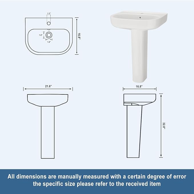22" x 17" Pedestal Sink – White Ceramic Rectangular Bathroom Vanity with Overflow, Bathroom Pedestal Sink with 1 Faucet Hole