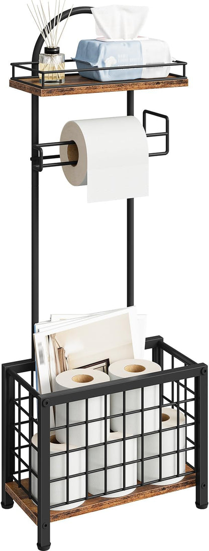 Toilet Paper Holder Stand, Freestanding Toilet Paper Holder with Shelf & Basket, Bathroom Tissue Organizer for Small Space, 3-Tier Storage for Bath Toilet Office Rustic Brown and Black TTS70BF