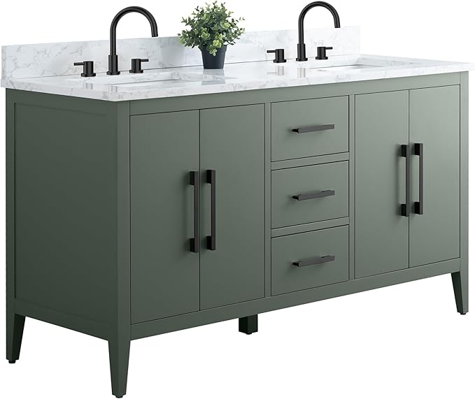 HomeBeyond 60 Inch Bathroom Vanity with Sink & Ceramic Top, Double Vanity Cabinet with Basin, Soft-Closing Doors & Matte Black Hardware, Vintage Green