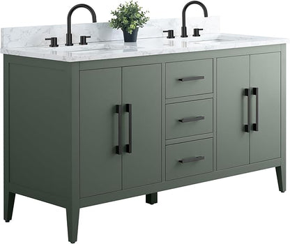 HomeBeyond 60 Inch Bathroom Vanity with Sink & Ceramic Top, Double Vanity Cabinet with Basin, Soft-Closing Doors & Matte Black Hardware, Vintage Green