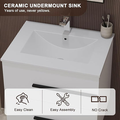 24 inch Floating Bathroom Vanity with Sink, Space Saving Fluted Design for Small Bathrooms, Drawers & Black Handles White