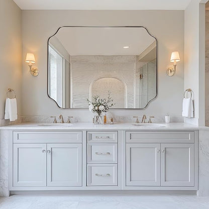 36x48 Inch Chrome Mirror, Large Polished Nickel Rectangle Mirror, Scalloped Bathroom Mirror in Anti-Rust Stainless Steel Frame Deep 1’’, Rounded Notched Corner, Vertically/Horizontally