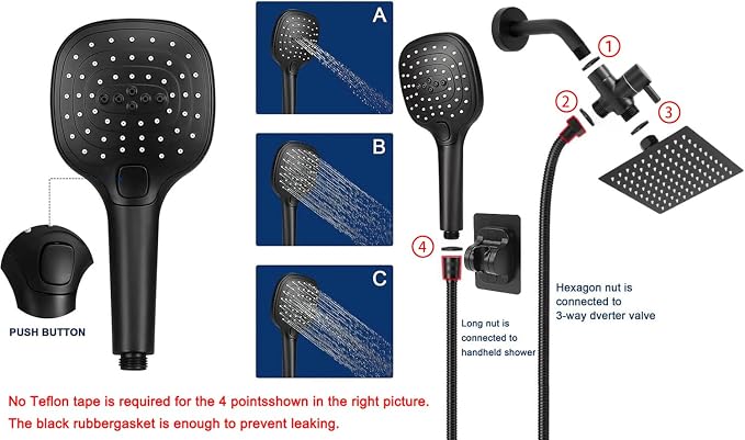 NearMoon Shower Head with Hose, High Pressure Stainless Steel Rain Shower and 3 Settings Handheld Spray Combo with Push Button Flow Control (8 Inch, Matte Black)