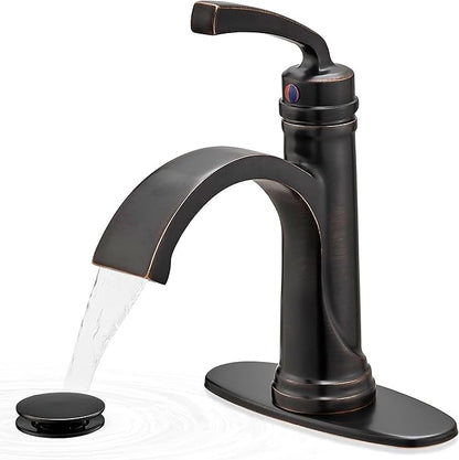 Brass Oil Rubbed Bronze Bathroom Faucet 1 Hole, Waterfall Bathroom Sink Faucet 4 Inch 3 Hole Single Handle with Pop-up Drain, Pre-Installed Water Hoses, Deck Plate for Farmhouse Vanity Sink