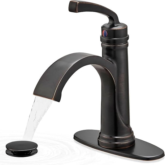 Brass Oil Rubbed Bronze Bathroom Faucet 1 Hole, Waterfall Bathroom Sink Faucet 4 Inch 3 Hole Single Handle with Pop-up Drain, Pre-Installed Water Hoses, Deck Plate for Farmhouse Vanity Sink