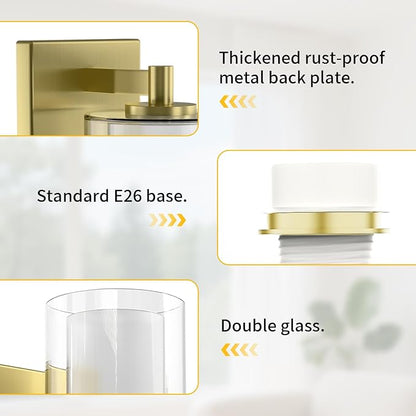 Wall Sconces Set of Two, Modern Gold Vanity Wall Lights | Double Clear Glass Shades With E26 Base, Farmhouse Wall Lights For Bathroom, Bedroom, Living Room, Mirror And Hallway.