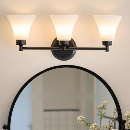 LOUSACE 3 Light Bathroom Vanity Light Matte Black Bathroom Lighting Fixtures Over Mirror with Opal White Frosted Glass, Vintage Traditional Wall Lighting Fixture Vanity Sconces Light for Bedroom