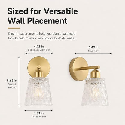 Brushed Gold Bathroom Wall Sconce, 1-Light Stainless Steel Vanity Light Over Mirror with Textured Glass Shade, Modern E26 Fixture for Bathroom Lighting (Bulb Not Included)
