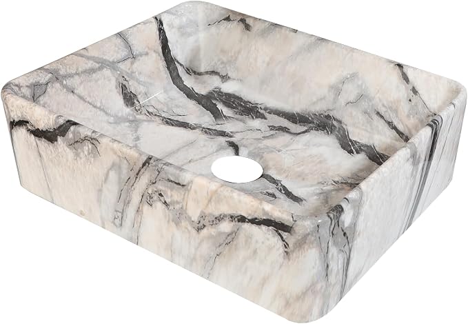 Bathroom Vessel Sink Modern Farmhouse White Rectangular Marble Vessel Sink - 19"x15" Handmade Ceramic Countertop Porcelain Sink Thickened Edges & Natural Stone Veins